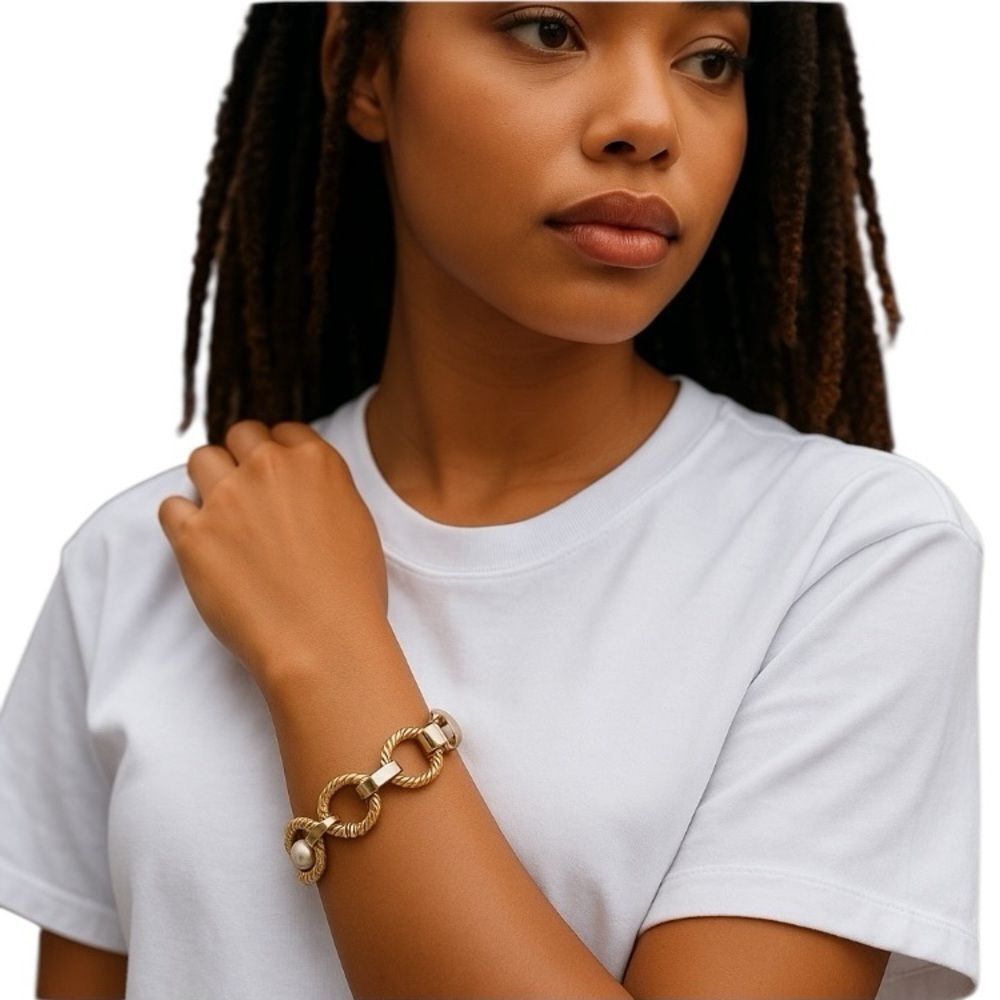 Vintage Pearl Textured Link Bracelet Women's Gold-Tone Fashion Jewelry 7" Long